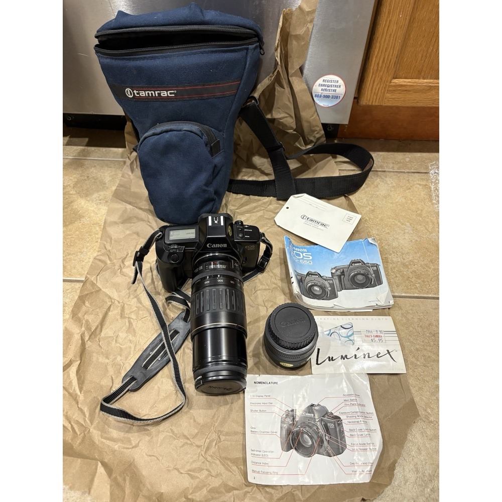 Canon EOS 650 35mm Film Camera 52mm Haze L, 50mm 100-300mm Lens New Battery EUC